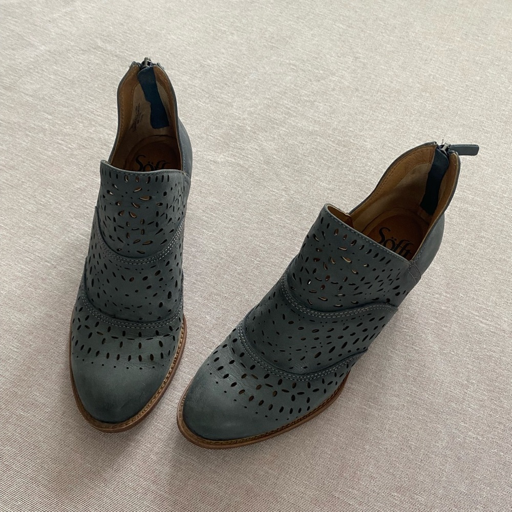 Sofft perforated grey blue block heel cutout leather booties.